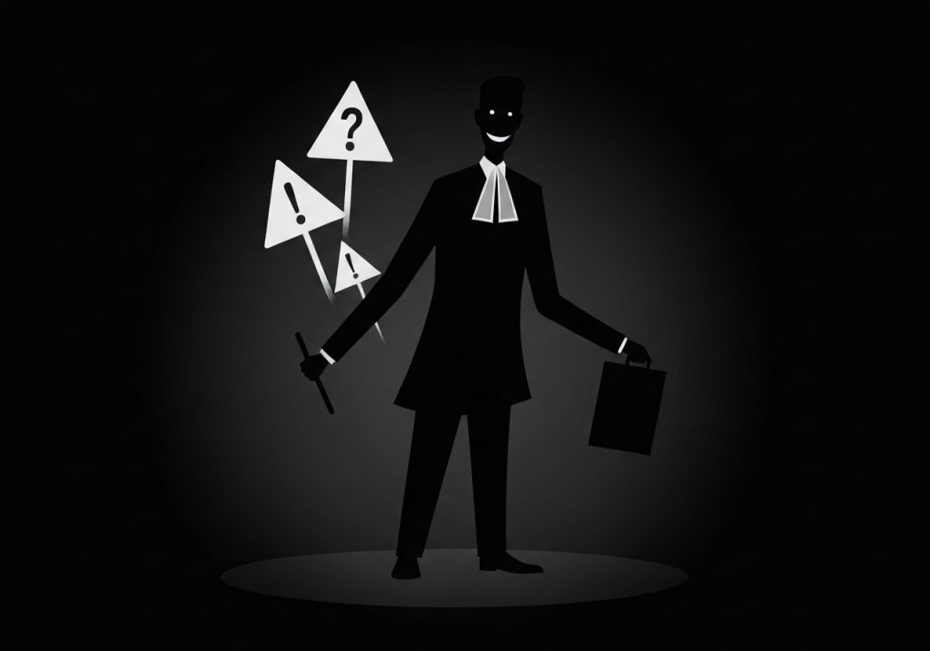 경고 표지판 든 그림자 변호사, 법적 위험 경고