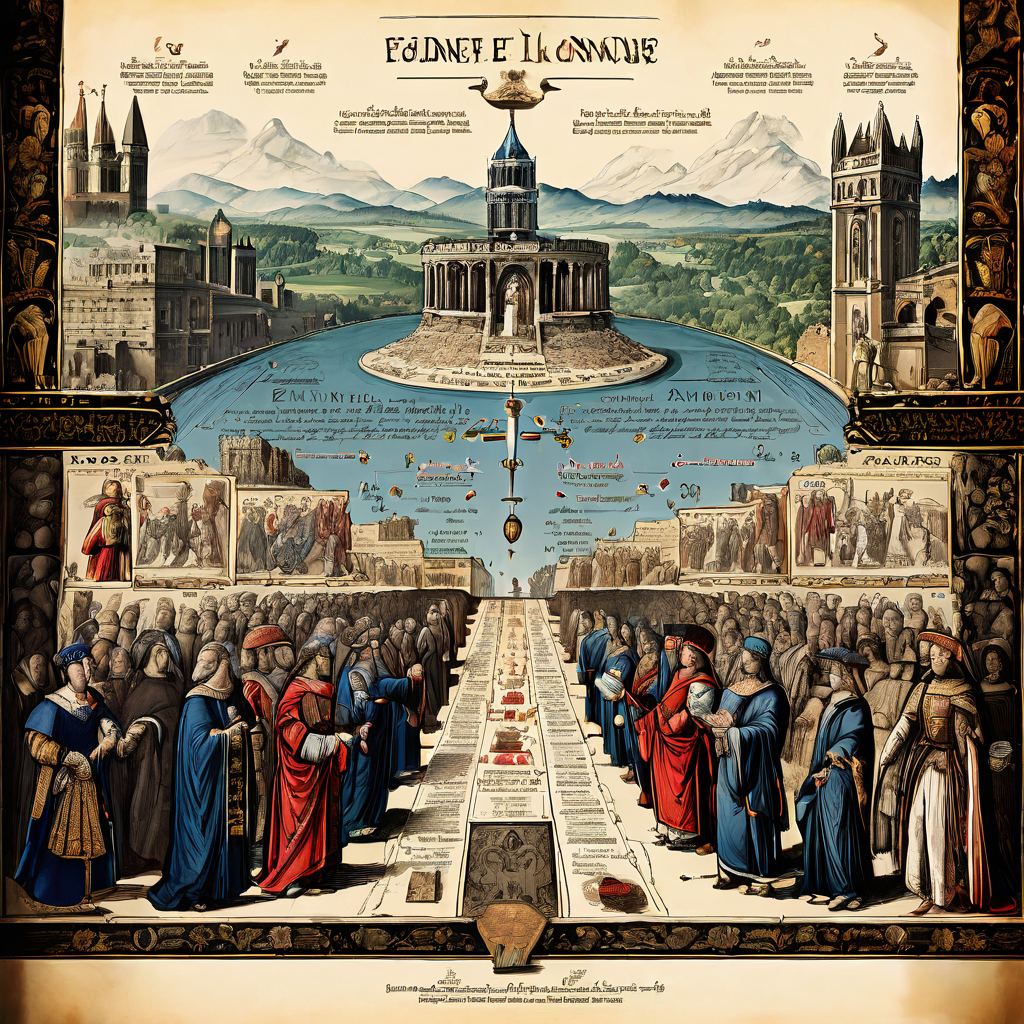 법의 역사적 진화 과정을 시각화한 타임라인으로, 고대 석판 법전부터 중세 법정, 현대 디지털 감시와 소셜 네트워크에 이르는 법과 통제 체계의 변천을 보여줍니다.