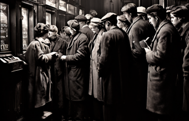 대공황 시절 빵을 얻기 위해 줄 서 있는 가난한 군중 한가운데 유일하게 빛나는 슬롯머신이 대조적으로 배치된 흑백 사진으로, 경제적 난관과 우연한 행운의 대비를 강렬하게 보여줍니다.