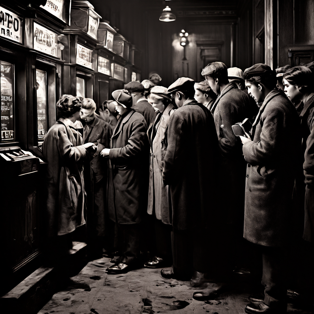 대공황 시절 빵을 얻기 위해 줄 서 있는 가난한 군중 한가운데 유일하게 빛나는 슬롯머신이 대조적으로 배치된 흑백 사진으로, 경제적 난관과 우연한 행운의 대비를 강렬하게 보여줍니다.