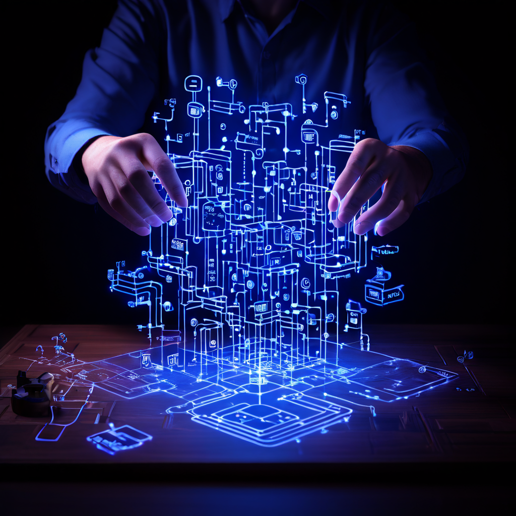 개발자가 빛나는 플로우차트 퍼즐 조각들을 조립하며 소프트웨어 설계 과정을 구체화하는 모습을 상징적으로 표현한 이미지입니다.