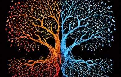 알고리즘의 의사결정 과정에서 나타나는 내재적 편향을 상징적으로 표현한 플로우차트로, 명확한 경로와 왜곡된 어두운 경로로 분기되는 모습을 보여줍니다.