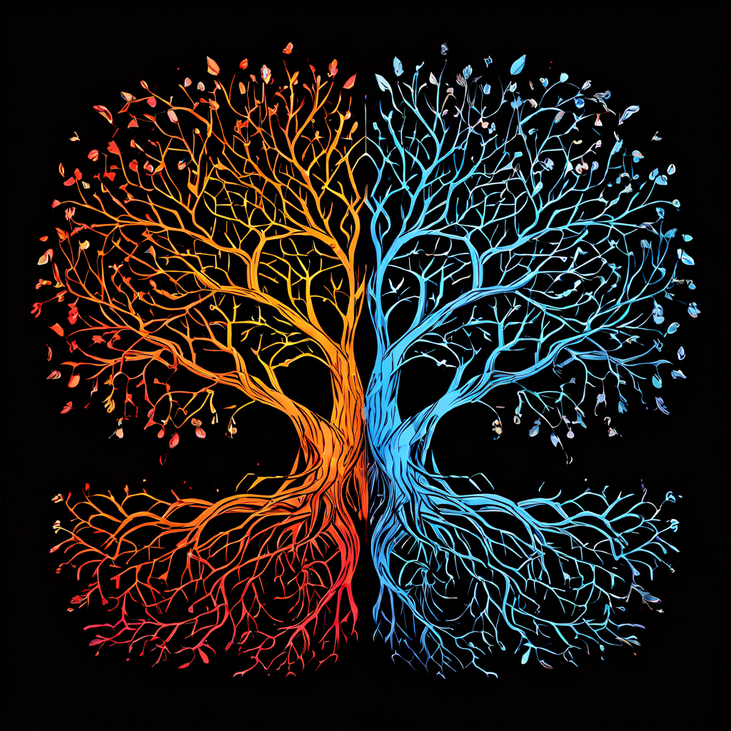 알고리즘의 의사결정 과정에서 나타나는 내재적 편향을 상징적으로 표현한 플로우차트로, 명확한 경로와 왜곡된 어두운 경로로 분기되는 모습을 보여줍니다.