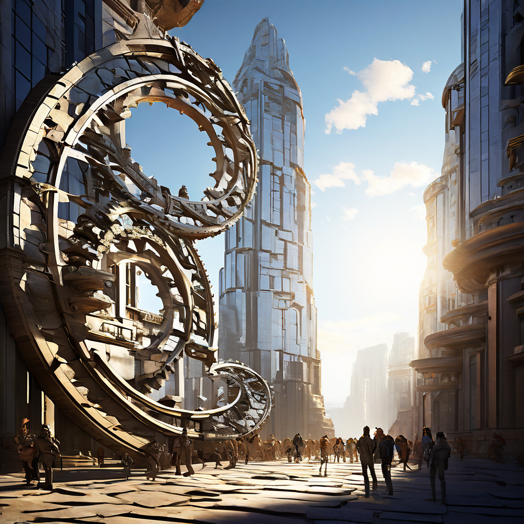 현대적 유리 마천루에서 솟아오른 고대 석재 기어의 나선이 번화한 도시 거리에 역사적 사건들의 반복되는 그림자를 드리우고 있는 상징적인 이미지입니다.