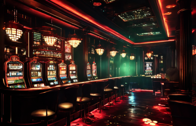 1920년대 비밀 주점에서 현대 디지털 카지노로 변모하는 장면으로, 갱스터들의 모습이 빛나는 데이터 스트림과 카지노 칩의 매트릭스로 해체되는 초현실적인 이미지를 보여줍니다.