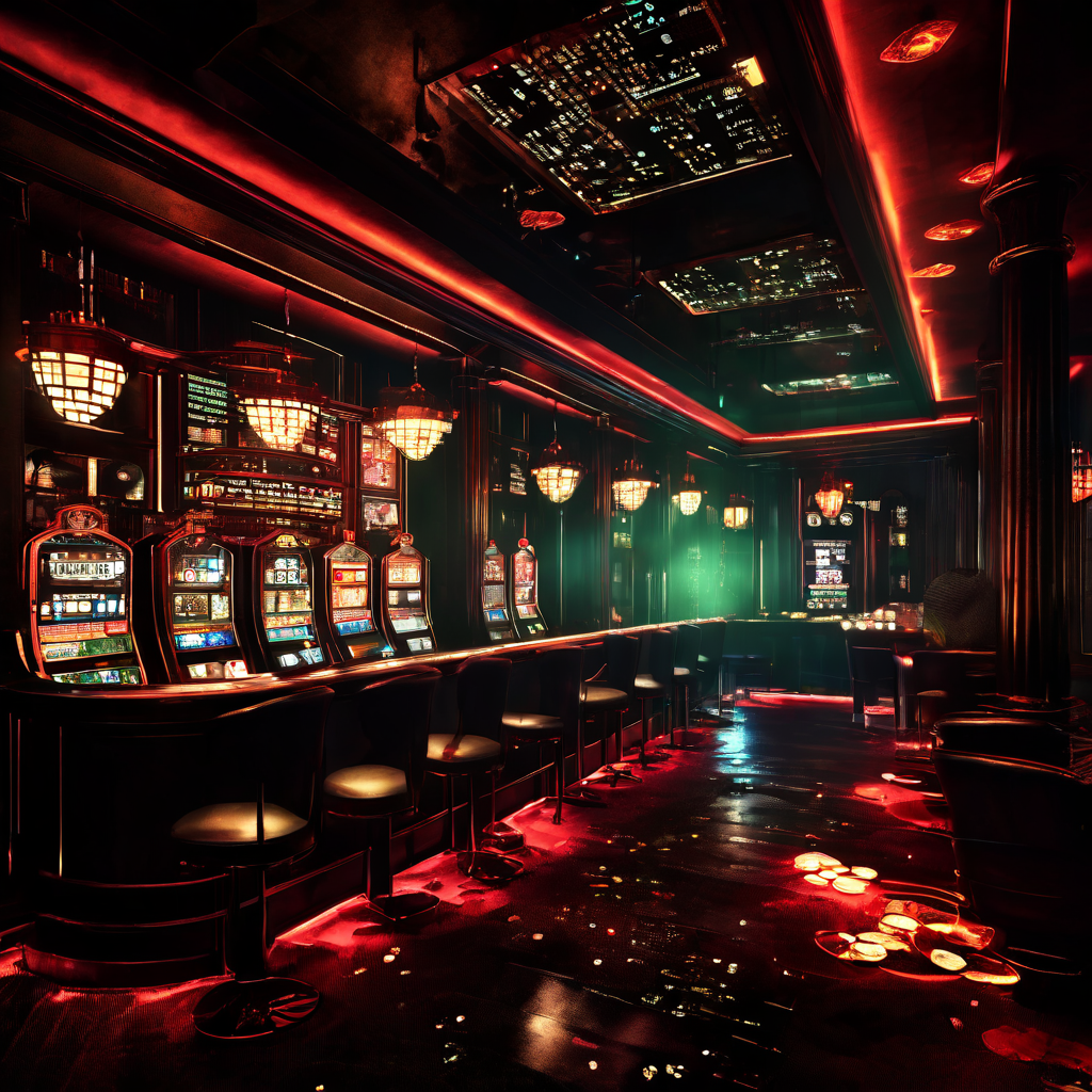 1920년대 비밀 주점에서 현대 디지털 카지노로 변모하는 장면으로, 갱스터들의 모습이 빛나는 데이터 스트림과 카지노 칩의 매트릭스로 해체되는 초현실적인 이미지를 보여줍니다.