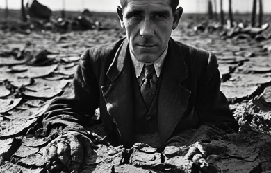 어둡고 갈라진 땅 속으로 가라앉는 화려하지만 무거운 찰스 폰지 이름표가 길고 음산한 그림자를 드리우며 사기 금융 스킴의 최후를 상징적으로 보여줍니다.