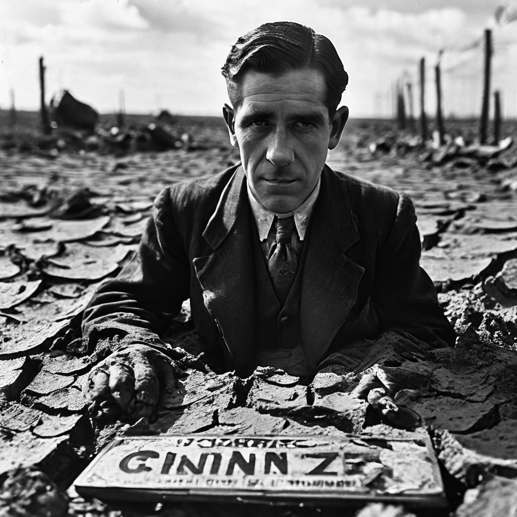 어둡고 갈라진 땅 속으로 가라앉는 화려하지만 무거운 찰스 폰지 이름표가 길고 음산한 그림자를 드리우며 사기 금융 스킴의 최후를 상징적으로 보여줍니다.