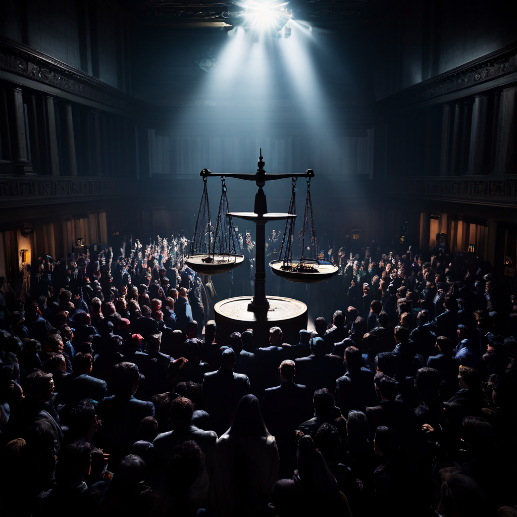 사회적 불평등을 상징하는 저울이 한쪽으로 심하게 기울어져 있으며, 그 아래 다양한 사람들 위로 거대한 그림자를 드리우고 있습니다. 실제 영향을 보여주는 뉴스 헤드라인과 법정 소장이 주변에 배치되어 있습니다.