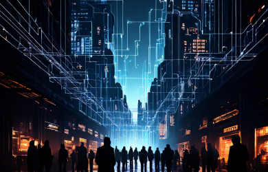 투명한 도시 도로 아래에서 그림자 같은 인물들이 빛나는 거래 라인으로 구성된 복잡한 암호화폐 네트워크를 운영하는 디지털 금융 시스템을 상징적으로 표현한 이미지입니다.