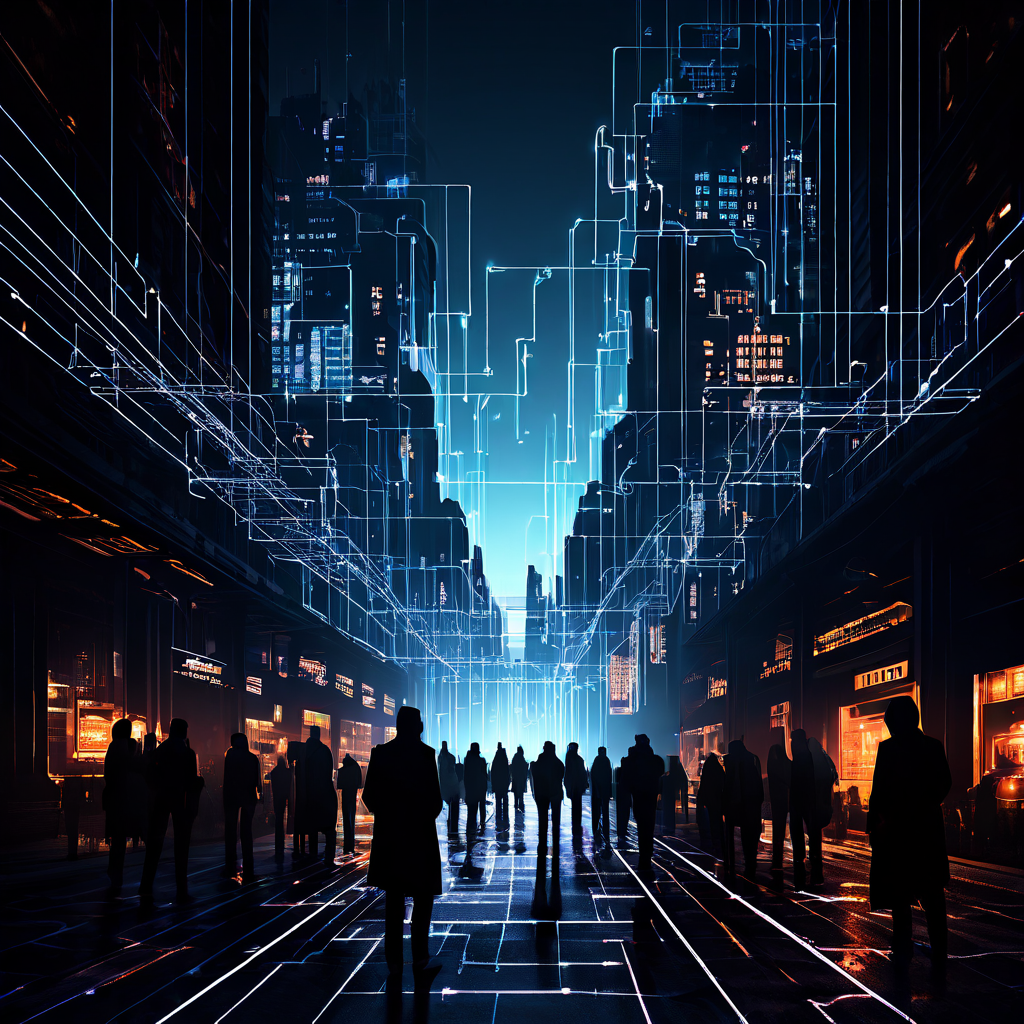 투명한 도시 도로 아래에서 그림자 같은 인물들이 빛나는 거래 라인으로 구성된 복잡한 암호화폐 네트워크를 운영하는 디지털 금융 시스템을 상징적으로 표현한 이미지입니다.