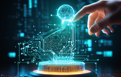 디지털 손이 빛나는 회로판을 뚫고 나와 전통적인 법봉을 붙잡으려 하자 법봉이 데이터 입자로 분해되어 현대 기술과 전통 법 체계의 충돌을 상징적으로 보여줍니다.