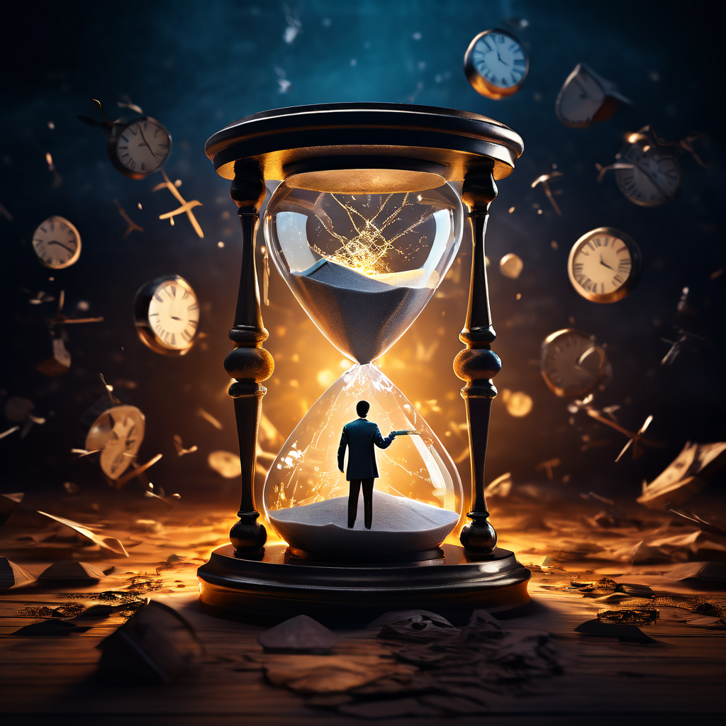 조용한 마음가짐으로 빛나는 모래시계를 지키는 인물과 그를 둘러싼 보이지 않는 장벽에 부딪혀 산산조각나는 혼란한 시계와 마감 시간을 대비하는 개념적 이미지입니다.