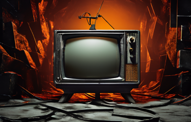 고정된 금속 레일 위에서 정해진 경로를 따라가는 빈티지 텔레비전이 기술의 진화와 제한된 미래 경로를 상징적으로 표현하는 초현실적 이미지를 보여줍니다.