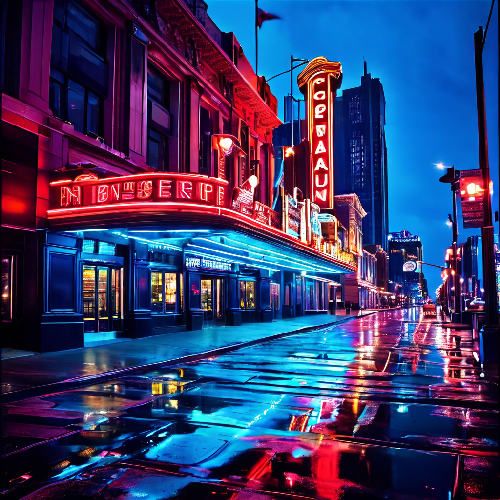 화려한 네온사인이 빛나는 대형 카지노와 함께 새롭게 조성된 활기찬 스트립의 나이트클럽과 극장들이 밤경관을 이루고 있는 모습을 담은 이미지입니다.