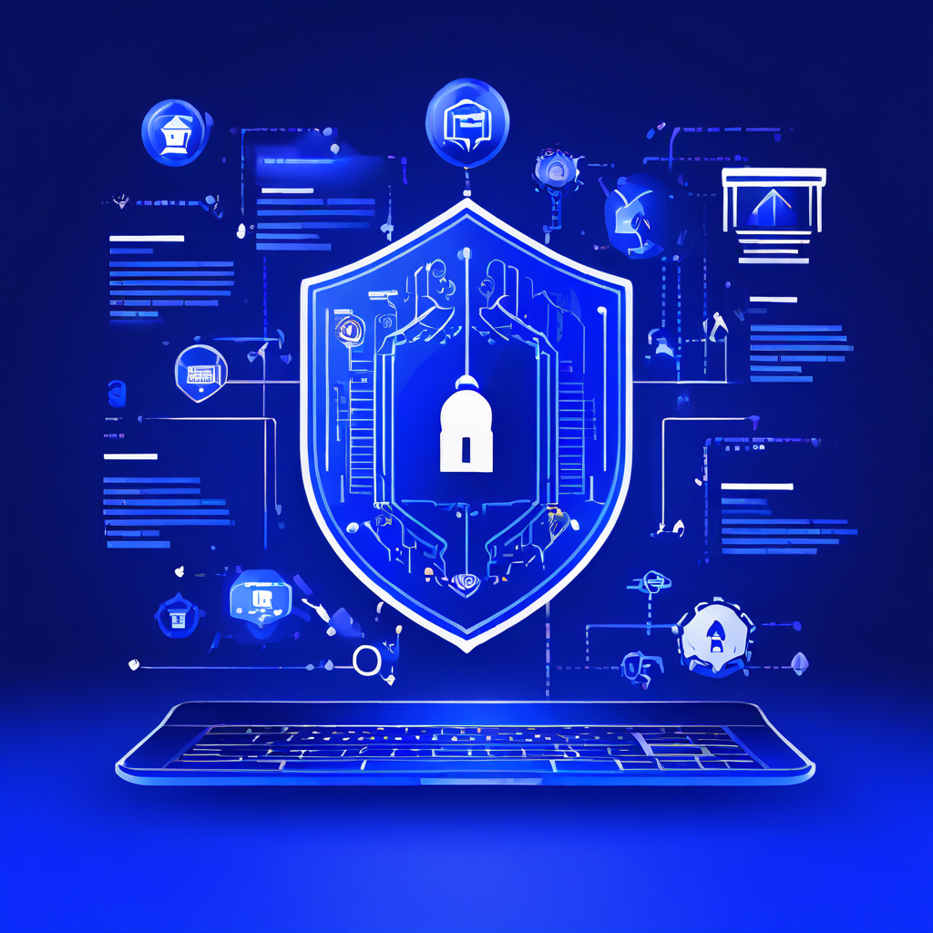 개발자들이 보안, 사용자 인증, 법적 준수 아이콘이 표시된 신규 웹사이트 청사진을 적극적으로 구현하며 작업하는 과정을 상세히 보여주는 이미지입니다.