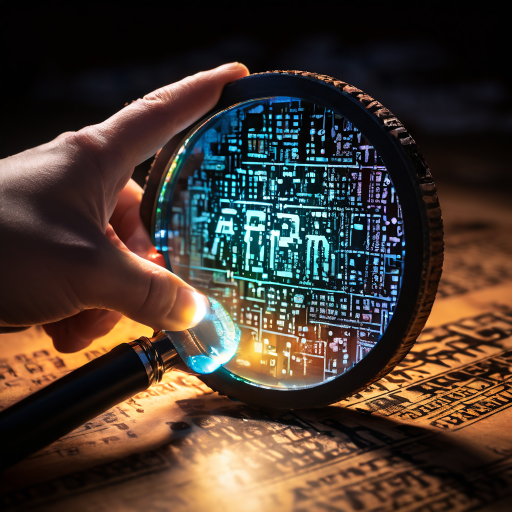 공정한 알고리즘 도장 아래에 숨겨진 왜곡된 저울과 균열이 간 이진 코드를 돋보기로 들여다보며 알고리즘의 투명성과 윤리적 검증의 필요성을 상징적으로 보여주는 이미지입니다.