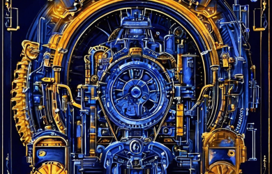 복잡한 기어와 메커니즘을 빛나는 회로도 형태로 세부적으로 드러내며 '잭팟 킹'으로 명명된 슬롯머신의 웅장하고 정교한 설계도가 표현된 이미지입니다.