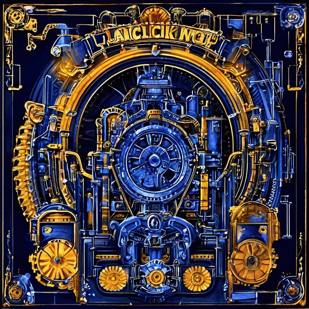 복잡한 기어와 메커니즘을 빛나는 회로도 형태로 세부적으로 드러내며 '잭팟 킹'으로 명명된 슬롯머신의 웅장하고 정교한 설계도가 표현된 이미지입니다.