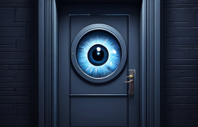 사용자의 부담과 관료적인 절차를 상징하며 작은 창문으로 피로한 눈이 바라보는 무거운 수동 문의 모습을 담은 이미지입니다.