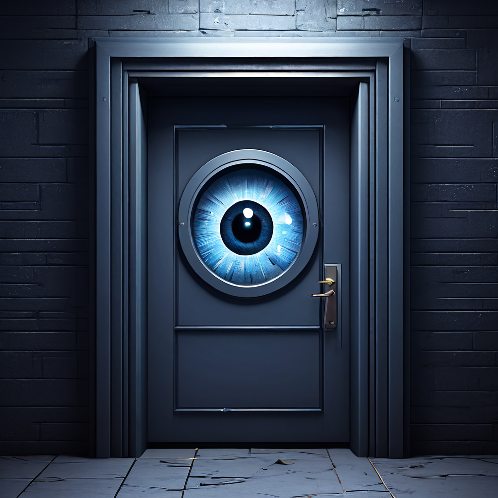 사용자의 부담과 관료적인 절차를 상징하며 작은 창문으로 피로한 눈이 바라보는 무거운 수동 문의 모습을 담은 이미지입니다.