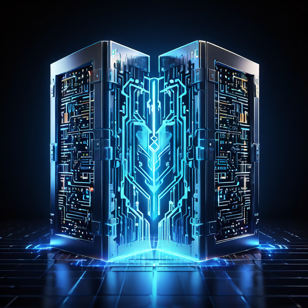 두 대의 서버 간에 전송되는 데이터 블록의 디지털 흐름을 보안 실드 아이콘이 무결성을 보호하며 안전하게 연결하는 사이버 보안 및 데이터 암호화 과정을 시각화한 이미지입니다.