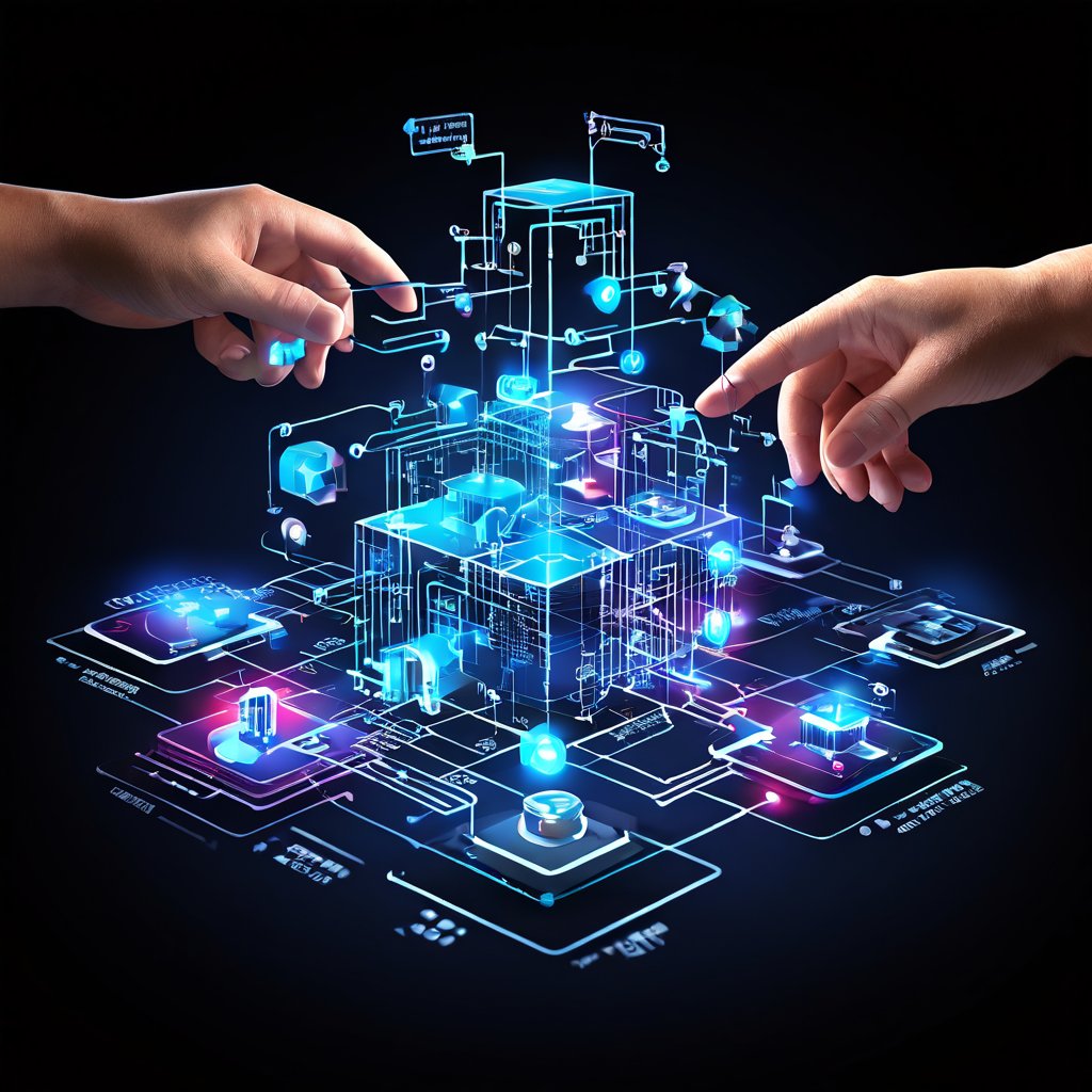 다양한 시스템의 퍼즐 조각이 유기적으로 맞물리며 하나의 흐름으로 연결되고, 그 위에서 '동기화' 버튼을 누르는 손이 실용적인 통합 방법을 상징적으로 보여주는 개념 이미지입니다.