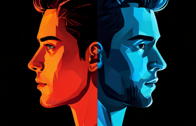 마케터의 양면성을 상징적으로 표현한 이미지로, 밝고 친절한 영업사원의 얼굴과 그림자처럼 데이터를 수집하는 모습이 한 인물에 공존하는 모습을 낮은 앵글에서 바라보고 있습니다.