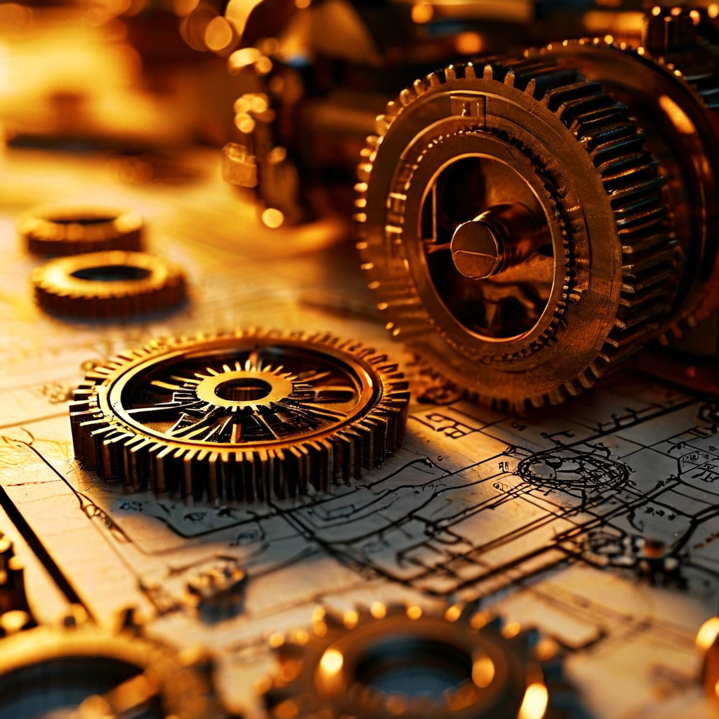 효율성을 위한 상세한 기술적 계획을 상징하며, 복잡한 기계 위에 빛나는 청사진 오버레이와 정밀한 기어 및 경로가 강조된 이미지입니다.
