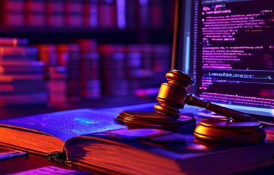 불법 콘텐츠가 게시된 픽셀화된 웹사이트 인터페이스를 보여주며, 글리치 효과가 낀 배경에는 법률 서적과 법관의 소추가 희미하게 드러납니다.