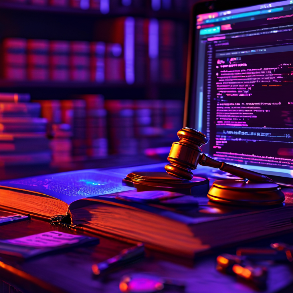 불법 콘텐츠가 게시된 픽셀화된 웹사이트 인터페이스를 보여주며, 글리치 효과가 낀 배경에는 법률 서적과 법관의 소추가 희미하게 드러납니다.