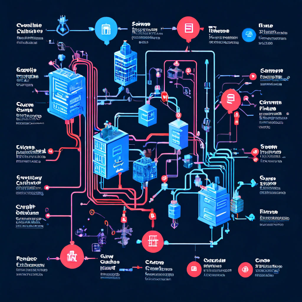 이 시스템 아키텍처의 확장성과 보안, 컴포넌트 간 데이터 흐름 등 핵심 설계 고려 사항을 강조하는 상호 연결된 모듈들의 복잡한 플로우차트를 상세히 보여줍니다.