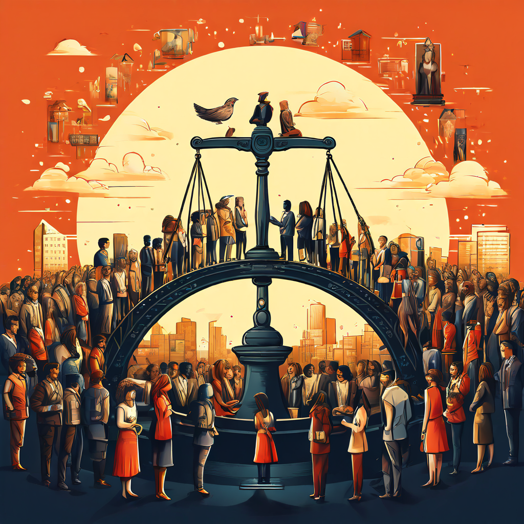 공정한 판단과 활발한 디지털 커뮤니티를 상징하며, 다양한 사람들이 긍정적으로 연결된 모습 위에 균형 잡힌 저울이 놓여 있는 이미지입니다.