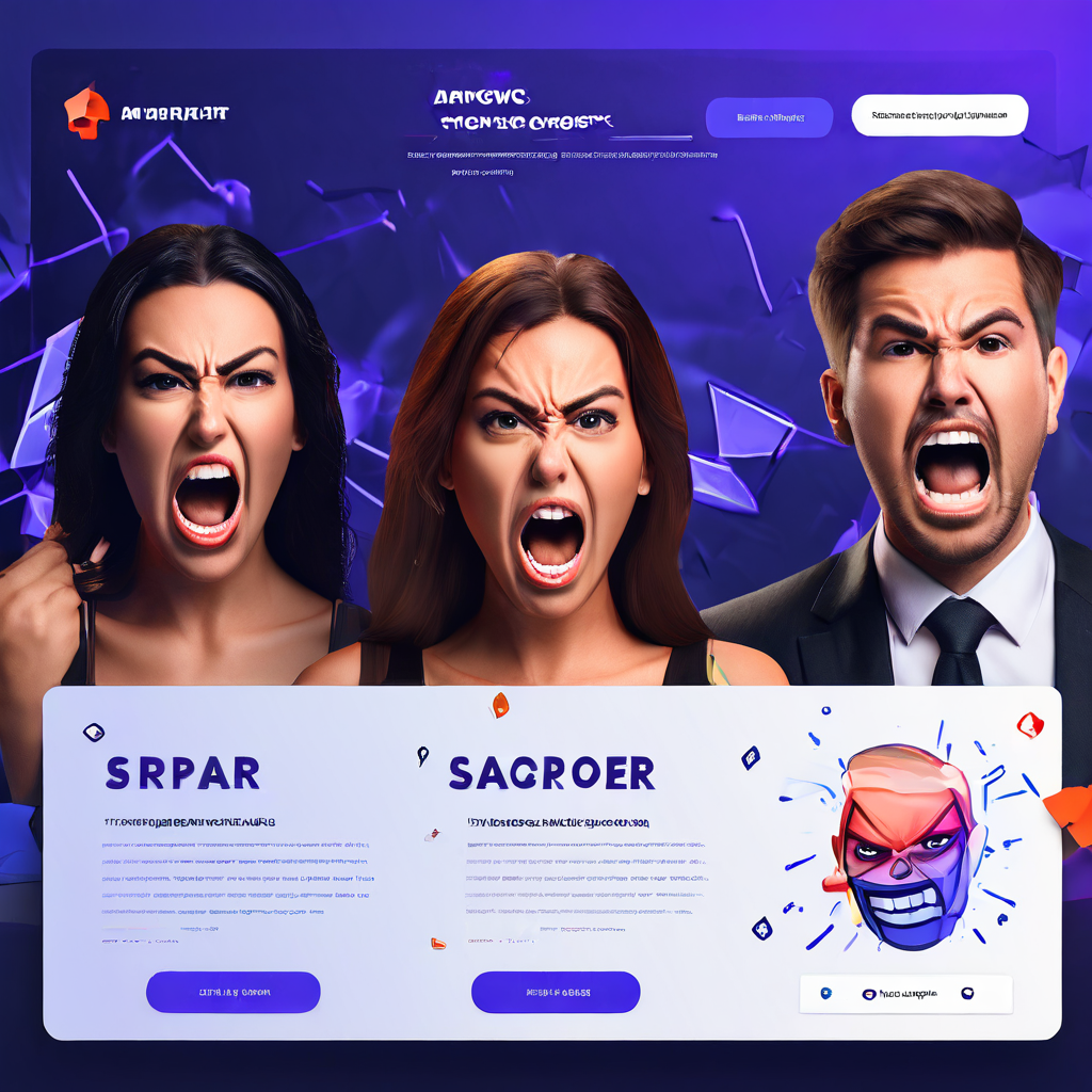 해킹된 웹사이트 화면에 분노한 얼굴 팝업, 법적 문서 경고, 결제 오류 심볼이 나타나 사이버 보안 위협과 개인정보 유출 위험을 구체적으로 시각화합니다.