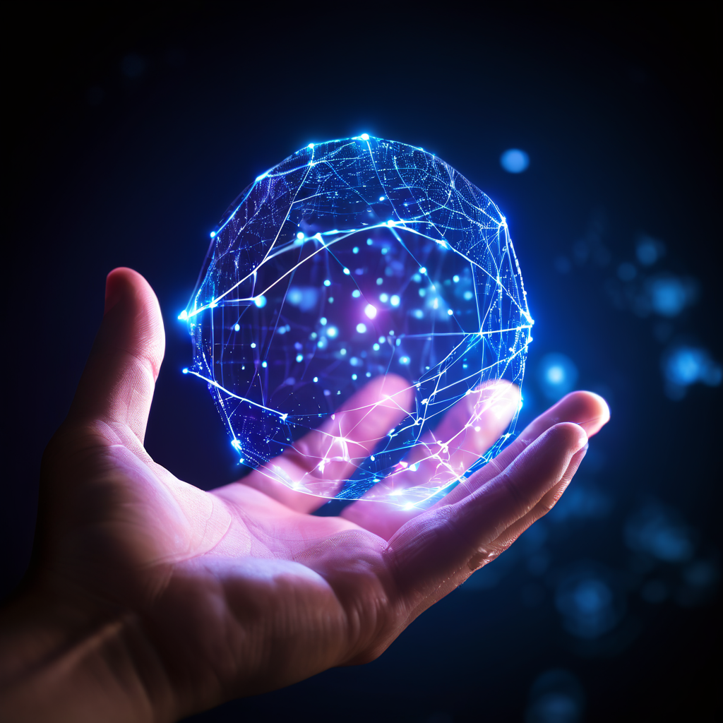 연구와 데이터 분석의 세계를 상징하는 빛나는 정보 그물망을 통해 손이 뻗어 나와, 검증된 확실한 객체를 만지며 이론적 탐구가 실질적 확인으로 전환되는 순간을 표현합니다.