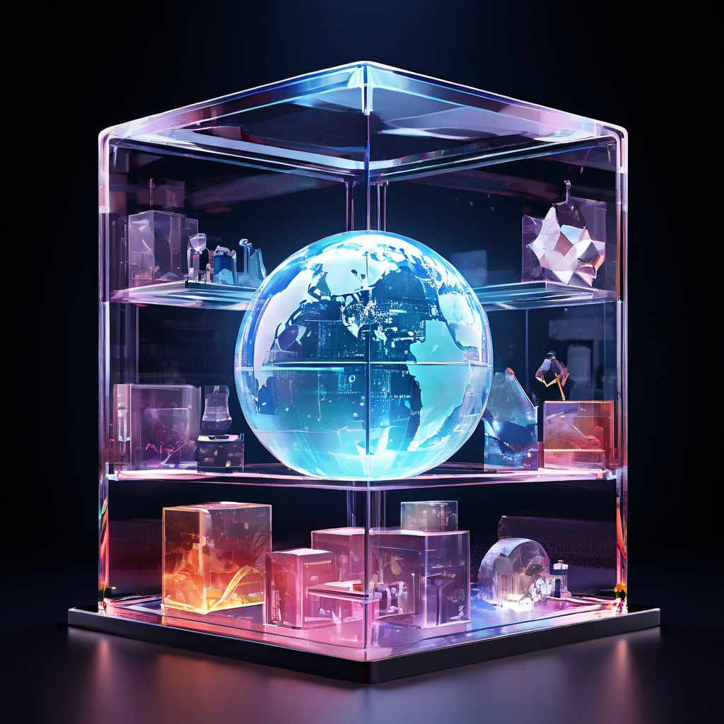라이선싱 기준을 상징하는 투명한 크리스탈 큐브 안에 게임 로고와 신작 타이틀이 담긴 지구본이 전시된 모습을 보여주는 이미지입니다.