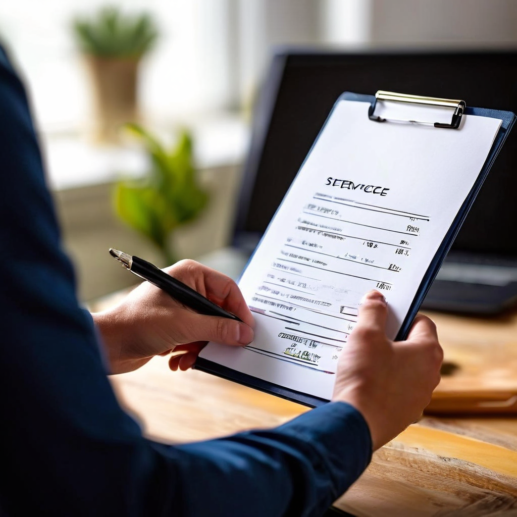 서비스 개선을 위한 서비스 서약 체크리스트에 확인 표시를 하면서 배경의 진행률 표시줄이 완료 상태를 나타내는 이미지입니다.