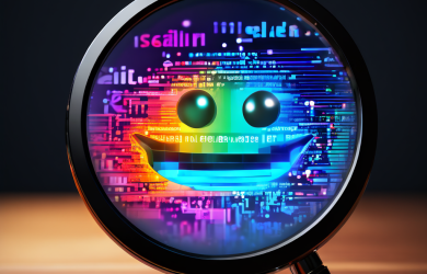 디지털 돋보기로 스크롤되는 댓글 섹션을 분석하여 텍스트 색상, 길이, 이모지 사용 패턴을 시각적으로 강조하는 개념도