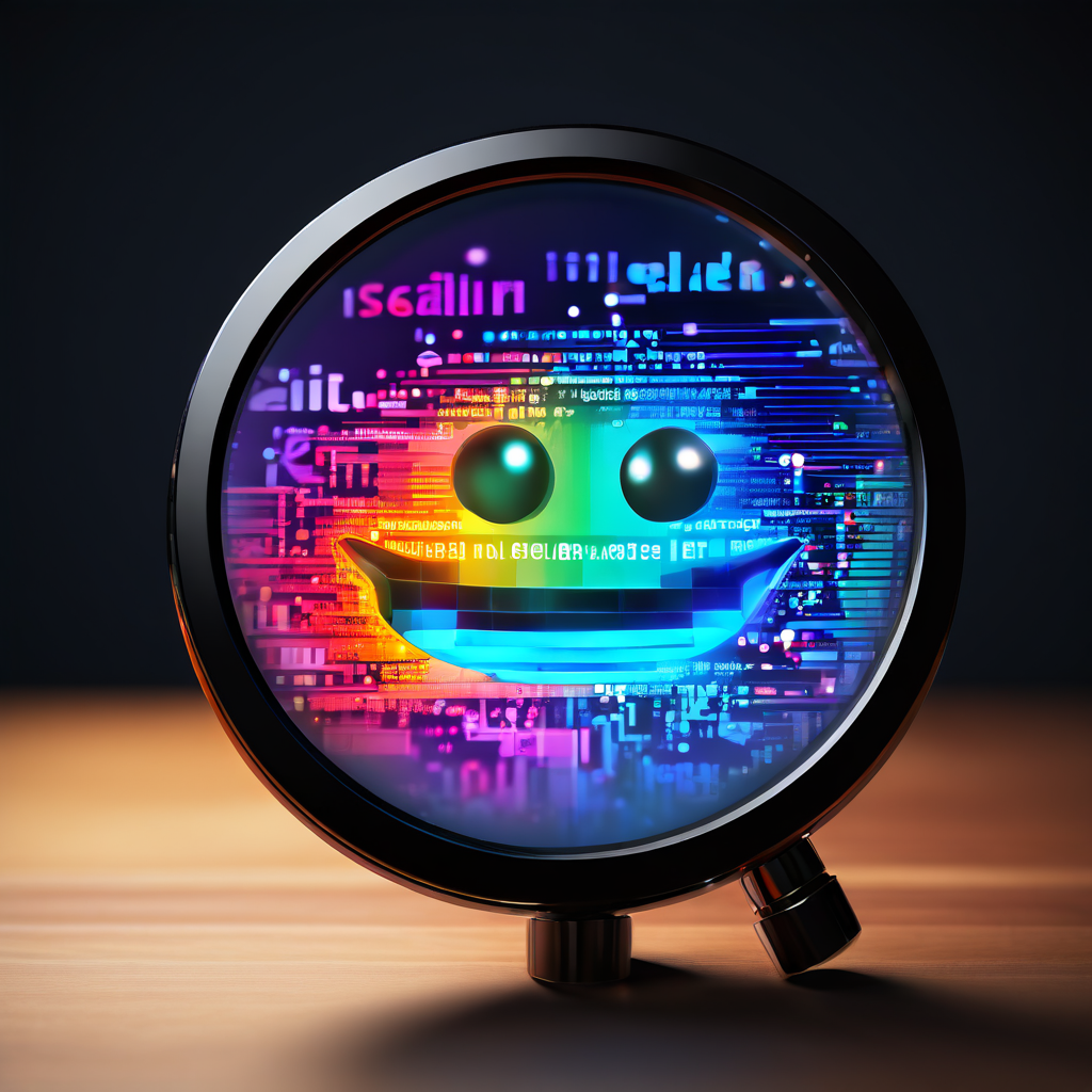 디지털 돋보기로 스크롤되는 댓글 섹션을 분석하여 텍스트 색상, 길이, 이모지 사용 패턴을 시각적으로 강조하는 개념도