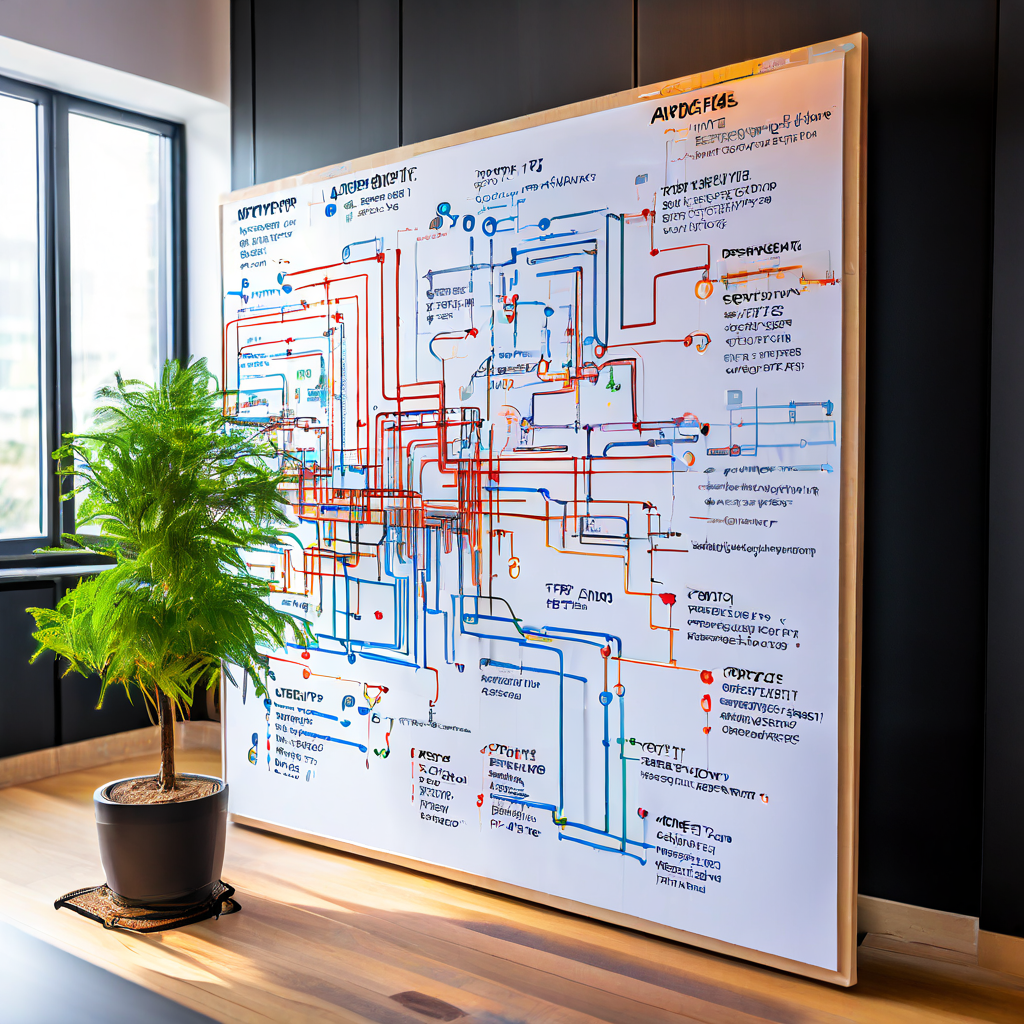 API 데이터 구조 분석 개념도를 보여주는 이미지로, 화이트보드 위에 플로우차트와 코드 조각, JSON 트리 다이어그램이 화살표로 연결되어 데이터 처리 과정을 시각적으로 설명합니다.