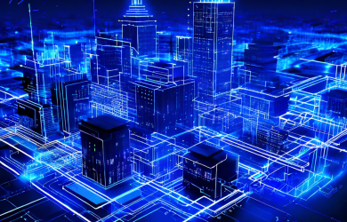 xWays 기능으로 명명된 상호 연결된 빌딩 사이를 API 데이터 스트림이 흐르는 디지털 도시 'No Limit City'의 상세한 건축 설계도가 담긴 이미지입니다.