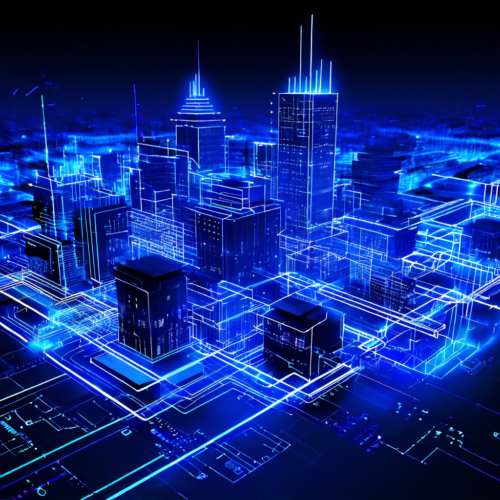 xWays 기능으로 명명된 상호 연결된 빌딩 사이를 API 데이터 스트림이 흐르는 디지털 도시 'No Limit City'의 상세한 건축 설계도가 담긴 이미지입니다.