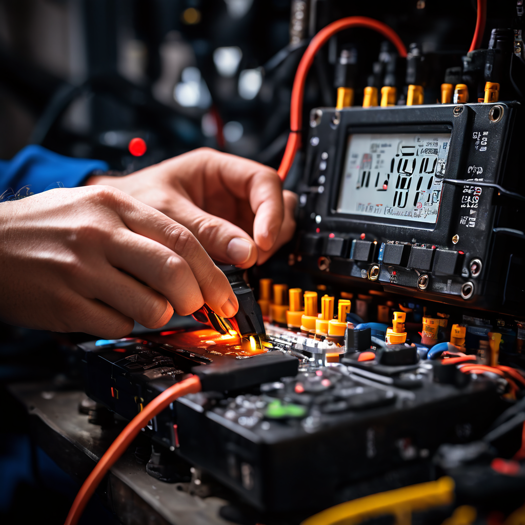 멀티미터를 사용하여 배터리 전압을 정확히 측정하는 과정을 보여주는 이미지로, 디지털 디스플레이에 선명하게 나타난 전압 수치가 배터리 상태 점검의 정밀성을 설명합니다.