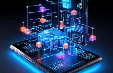 스마트폰의 Play&Go 앱이 빛나는 데이터 교량을 통해 OMNY 채널의 서버 코어와 연결되어 핵심 기술 노드가 강조된 3D 다이어그램을 보여주는 이미지입니다.