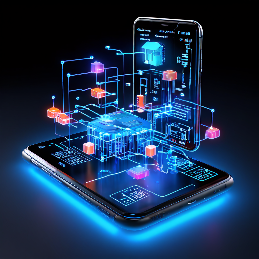 스마트폰의 Play&Go 앱이 빛나는 데이터 교량을 통해 OMNY 채널의 서버 코어와 연결되어 핵심 기술 노드가 강조된 3D 다이어그램을 보여주는 이미지입니다.