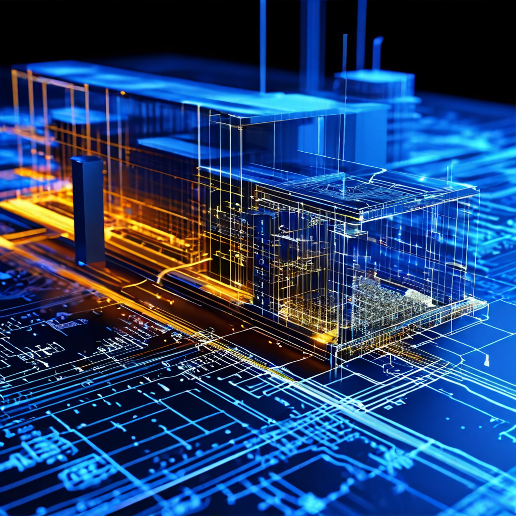 건축 설계도와 컴퓨터 코드가 결합된 이미지에서 중앙 구조물을 따라 효율적으로 진행되는 로딩 바가 소프트웨어 개발의 정밀한 구조와 빠른 구축 과정을 상징적으로 표현합니다.