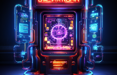 빛나는 디지털 잭팟 머신의 내부 기어와 데이터 흐름이 '드림 드롭' 기술 시너지를 설명하는 플로우차트와 연결되어 작동 원리를 시각화한 이미지입니다.