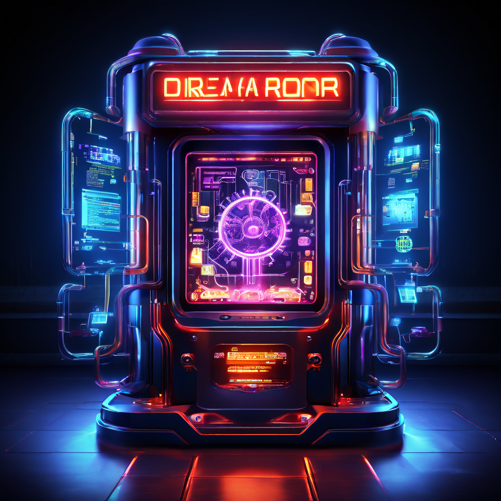 빛나는 디지털 잭팟 머신의 내부 기어와 데이터 흐름이 '드림 드롭' 기술 시너지를 설명하는 플로우차트와 연결되어 작동 원리를 시각화한 이미지입니다.