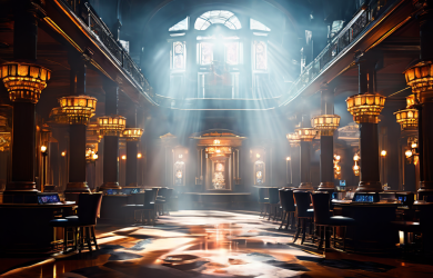 카지노 그랜드 홀의 정교한 규칙이 빛으로 새겨져 있지만, 유혹적인 안개가 진정한 승률을 가리고 플레이어를 모호함 속에 가두는 상황을 상징적으로 표현한 이미지입니다.
