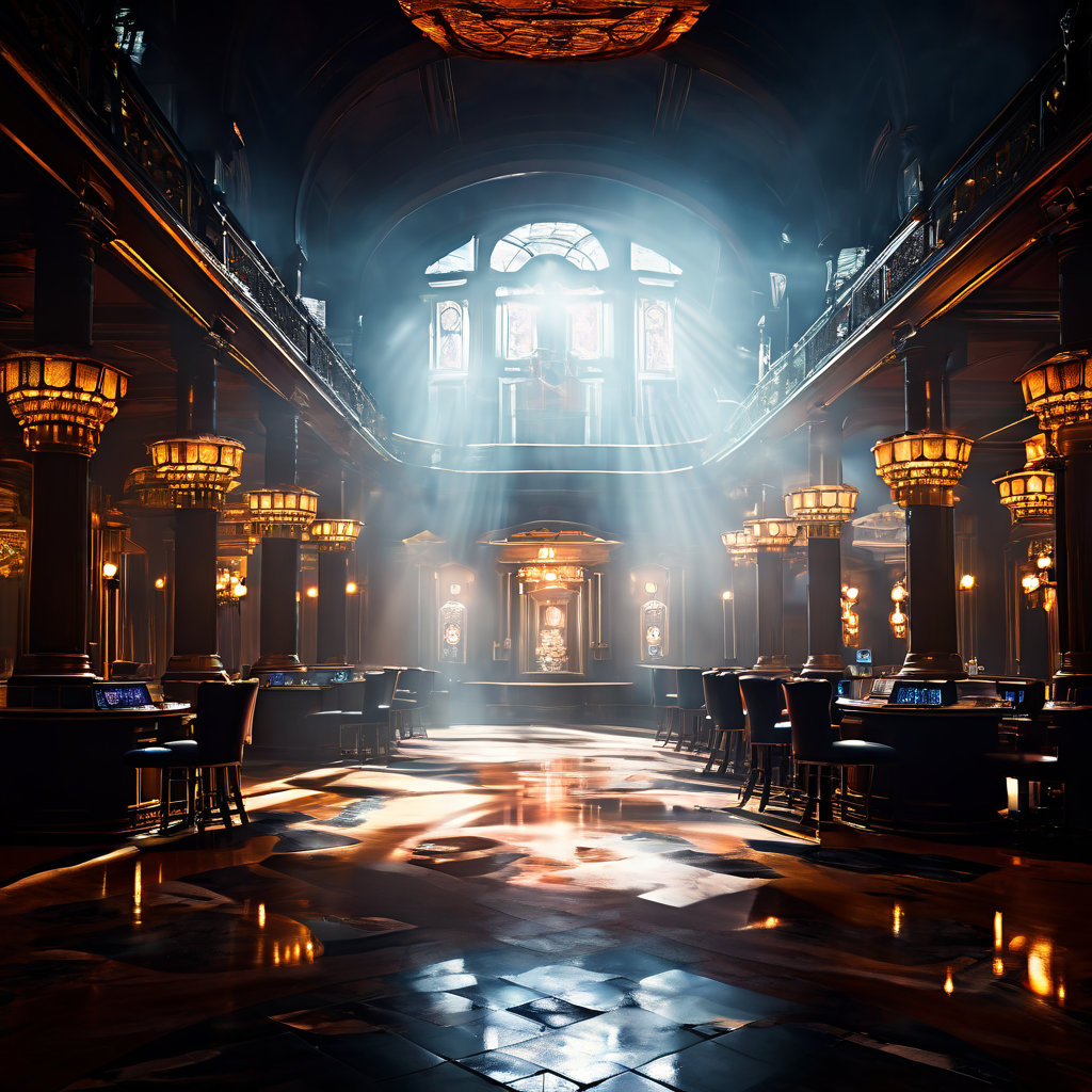 카지노 그랜드 홀의 정교한 규칙이 빛으로 새겨져 있지만, 유혹적인 안개가 진정한 승률을 가리고 플레이어를 모호함 속에 가두는 상황을 상징적으로 표현한 이미지입니다.